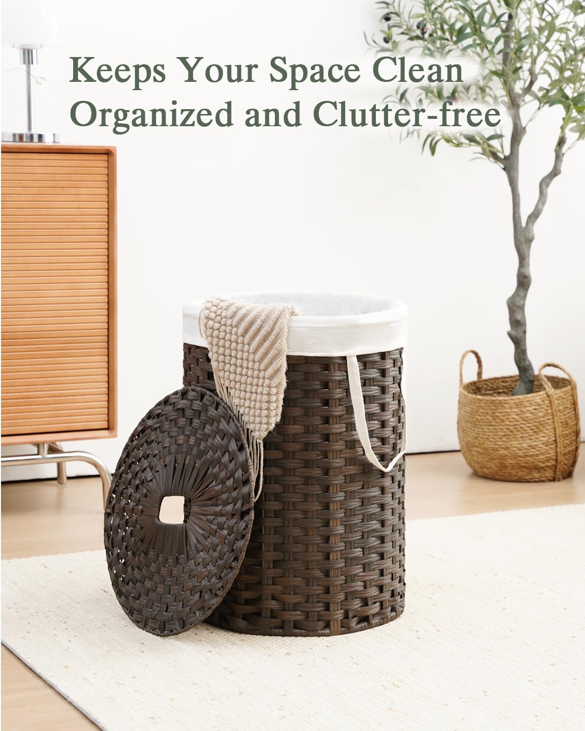 Laundry Basket with Lid Round PE Rattan Laundry Hamper, White