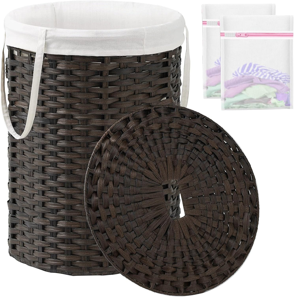 Laundry Basket with Lid Round PE Rattan Laundry Hamper, White