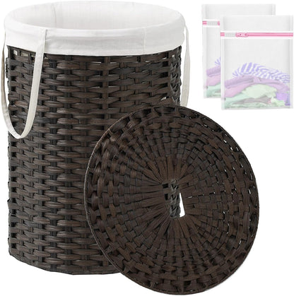 Laundry Basket with Lid Round PE Rattan Laundry Hamper, White