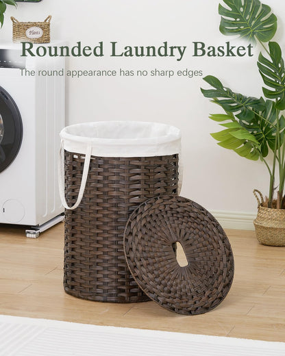 Laundry Basket with Lid Round PE Rattan Laundry Hamper, White