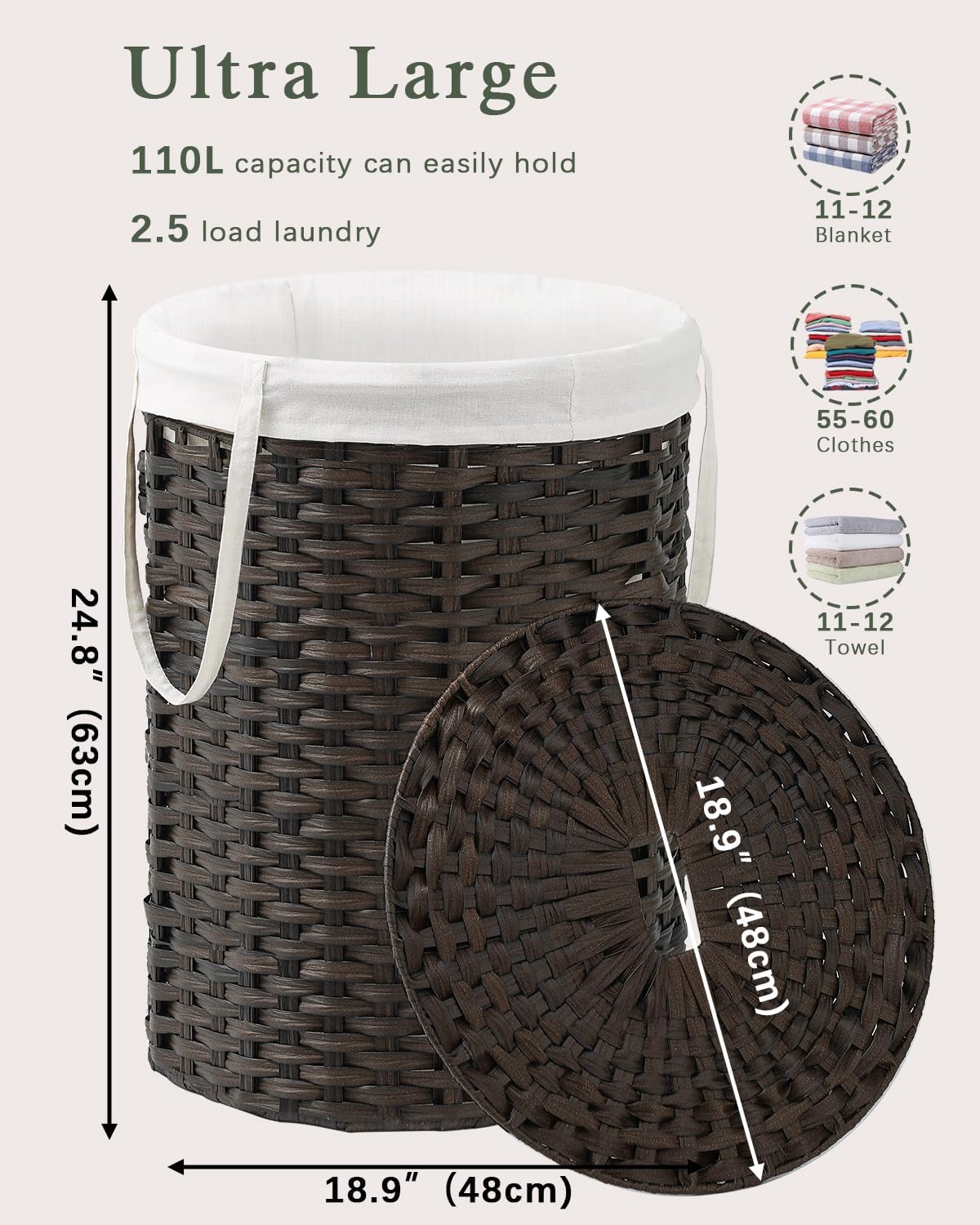 Laundry Basket with Lid Round PE Rattan Laundry Hamper, White