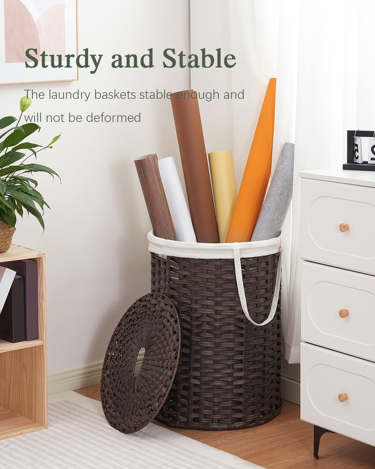 Laundry Basket with Lid Round PE Rattan Laundry Hamper, White