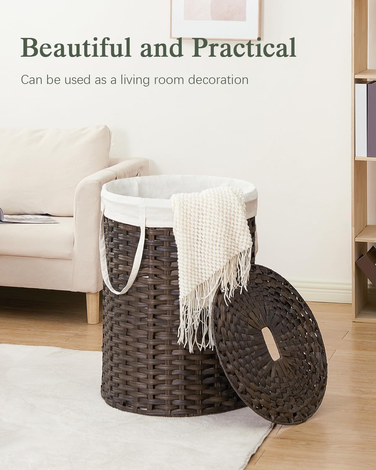 Laundry Basket with Lid Round PE Rattan Laundry Hamper, White