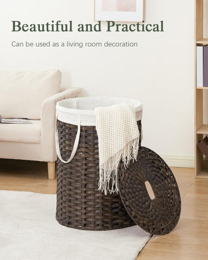 Laundry Basket with Lid Round PE Rattan Laundry Hamper, White