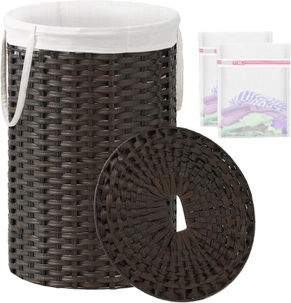 Laundry Basket with Lid Round PE Rattan Laundry Hamper, White