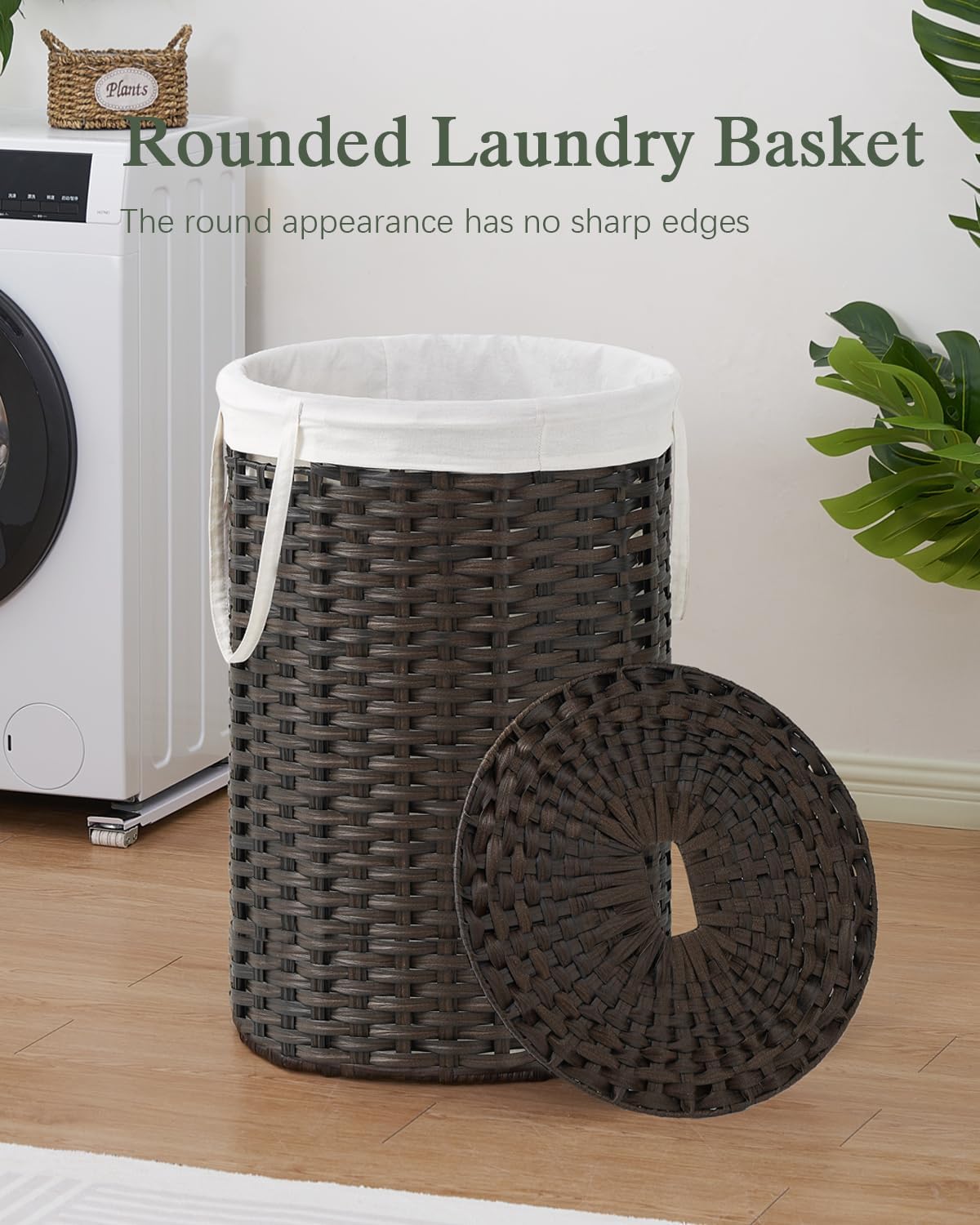 Laundry Basket with Lid Round PE Rattan Laundry Hamper, White