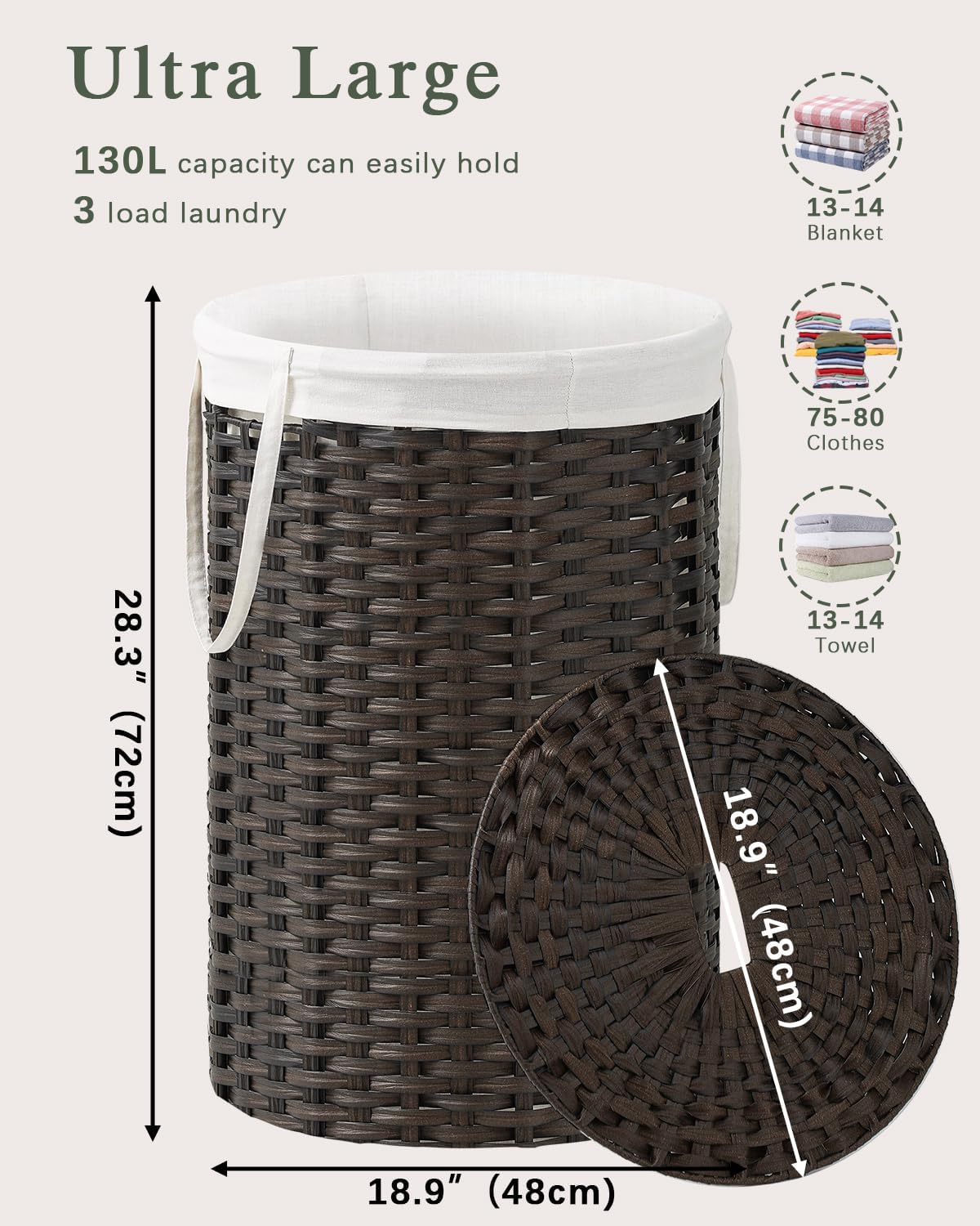 Laundry Basket with Lid Round PE Rattan Laundry Hamper, White