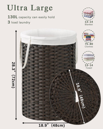 Laundry Basket with Lid Round PE Rattan Laundry Hamper, White