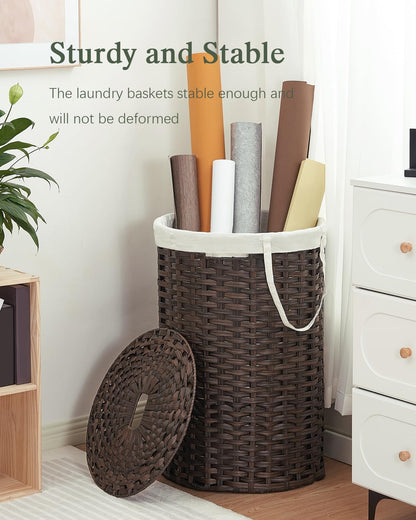 Laundry Basket with Lid Round PE Rattan Laundry Hamper, White