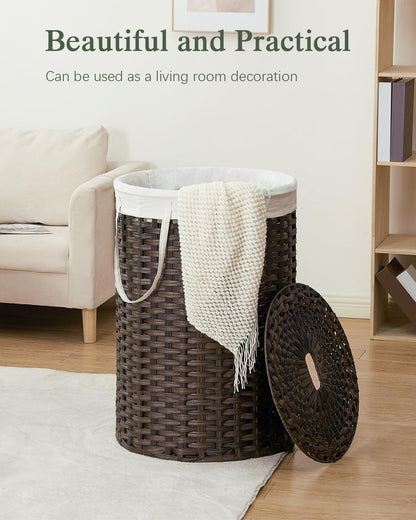 Laundry Basket with Lid Round PE Rattan Laundry Hamper, White