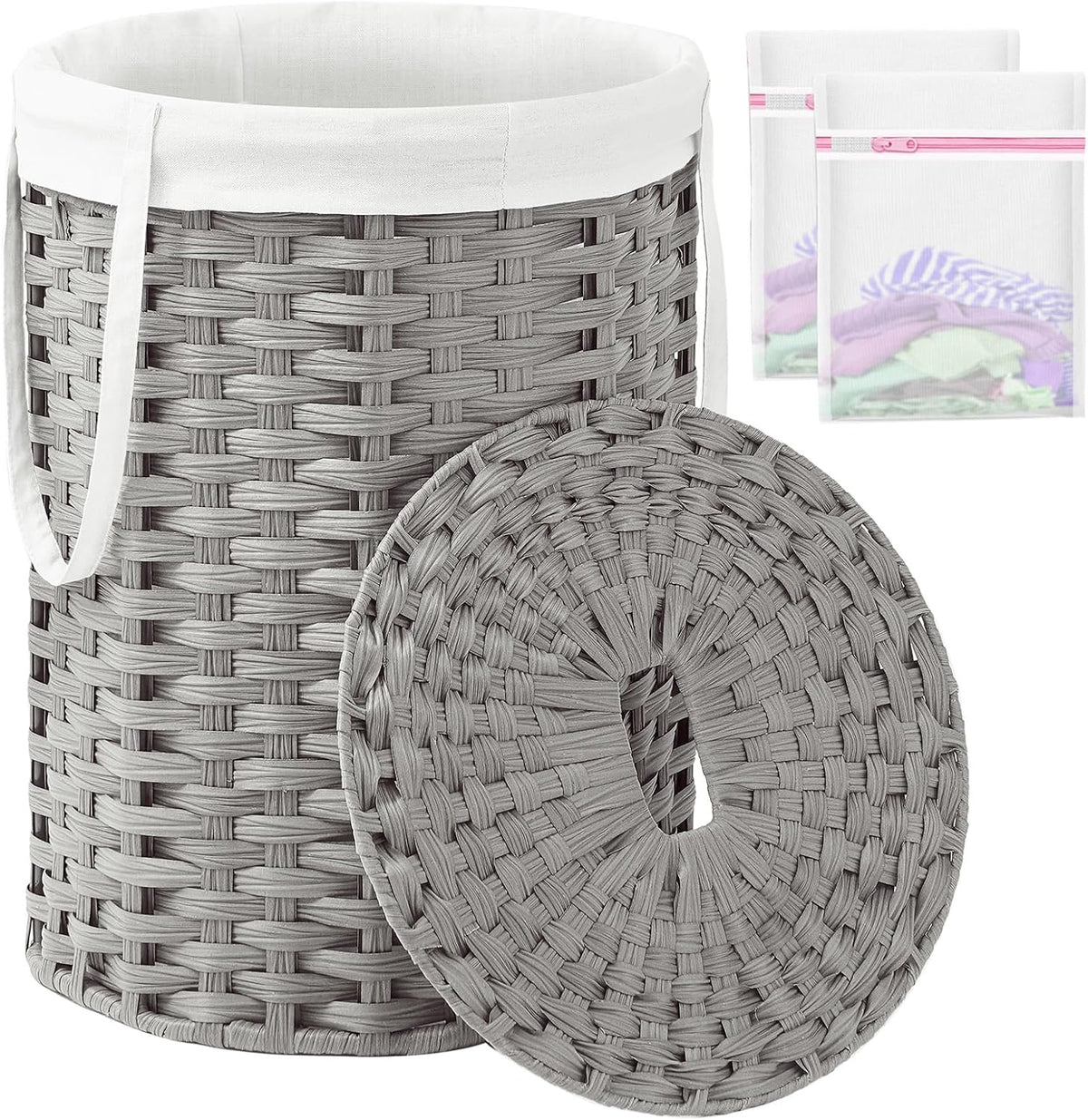 Laundry Basket with Lid Round PE Rattan Laundry Hamper, White