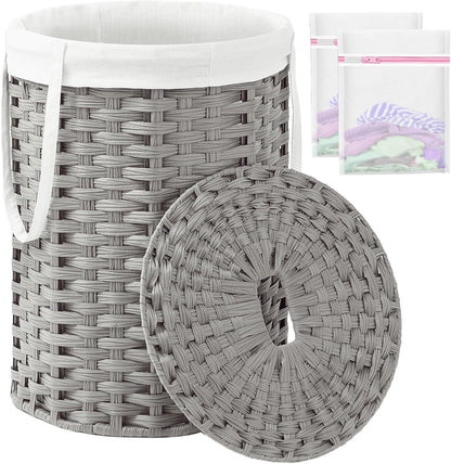 Laundry Basket with Lid Round PE Rattan Laundry Hamper, White