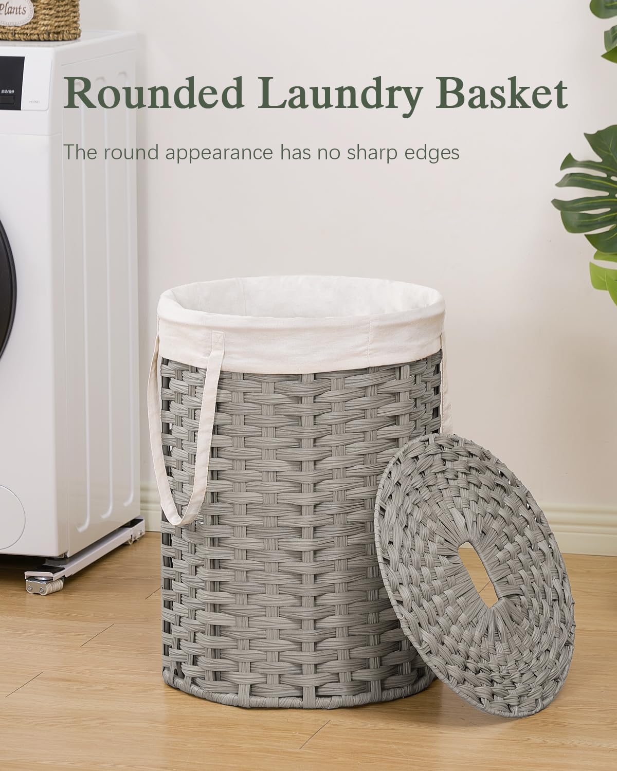 Laundry Basket with Lid Round PE Rattan Laundry Hamper, White