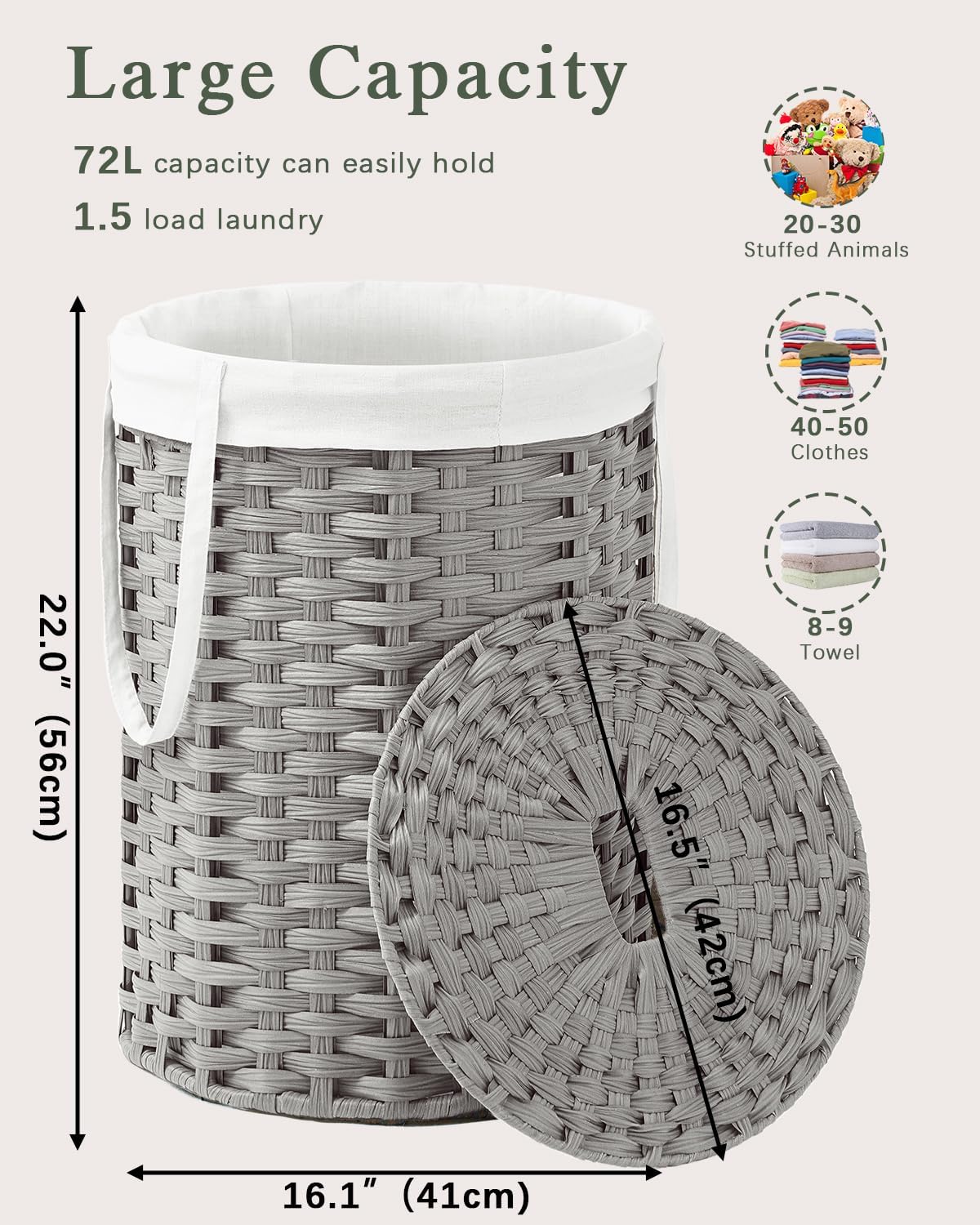 Laundry Basket with Lid Round PE Rattan Laundry Hamper, White