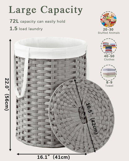Laundry Basket with Lid Round PE Rattan Laundry Hamper, White