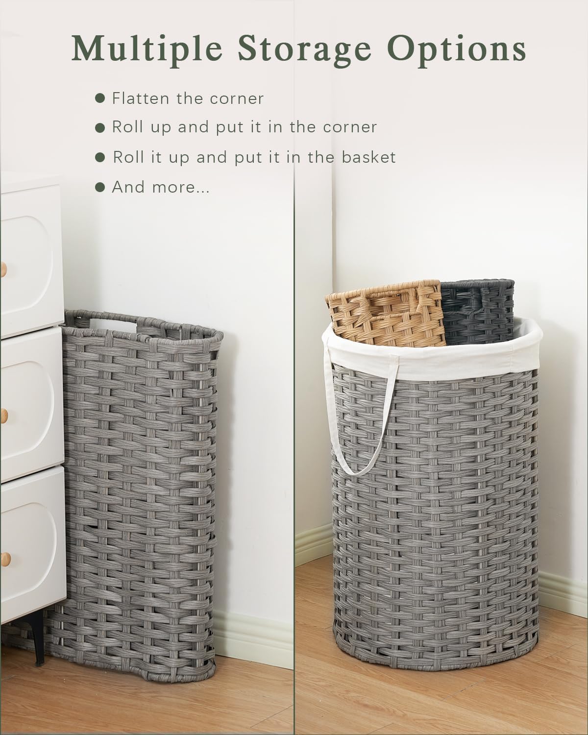 Laundry Basket with Lid Round PE Rattan Laundry Hamper, White