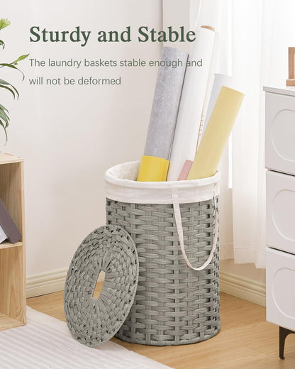 Laundry Basket with Lid Round PE Rattan Laundry Hamper, White