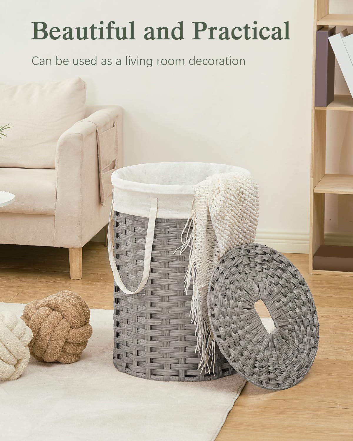Laundry Basket with Lid Round PE Rattan Laundry Hamper, White