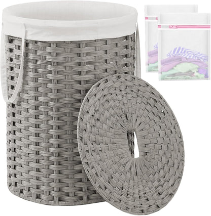 Laundry Basket with Lid Round PE Rattan Laundry Hamper, White