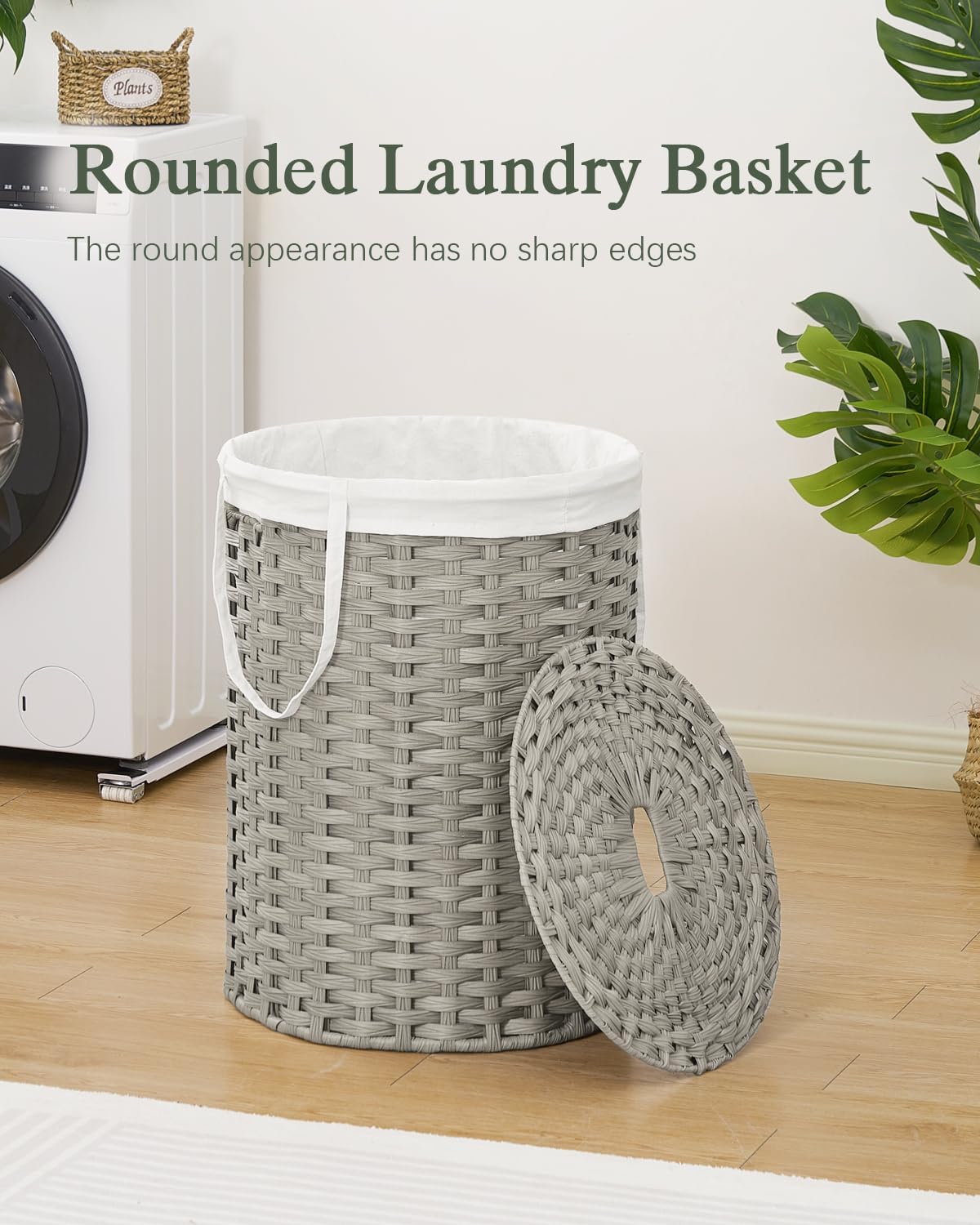 Laundry Basket with Lid Round PE Rattan Laundry Hamper, White