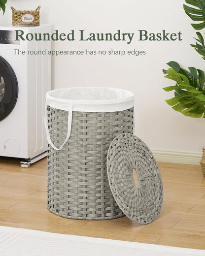 Laundry Basket with Lid Round PE Rattan Laundry Hamper, White