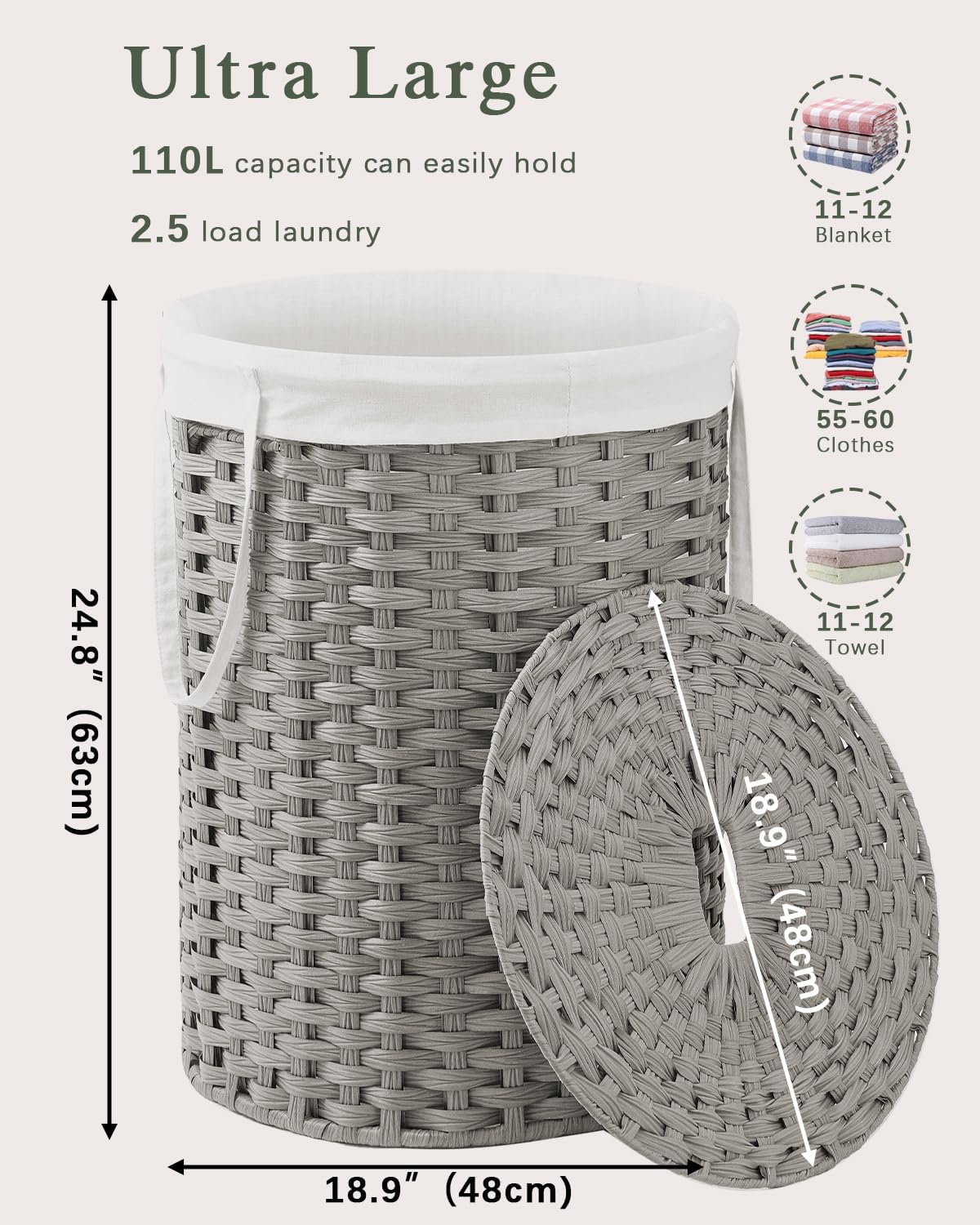 Laundry Basket with Lid Round PE Rattan Laundry Hamper, White