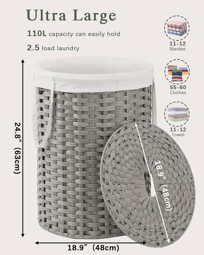 Laundry Basket with Lid Round PE Rattan Laundry Hamper, White