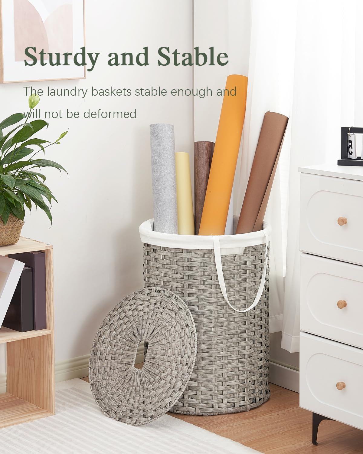 Laundry Basket with Lid Round PE Rattan Laundry Hamper, White