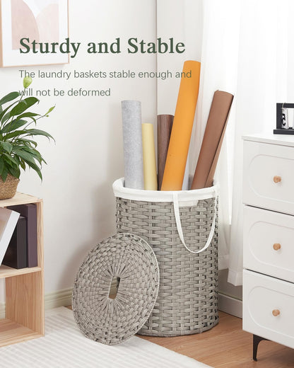 Laundry Basket with Lid Round PE Rattan Laundry Hamper, White