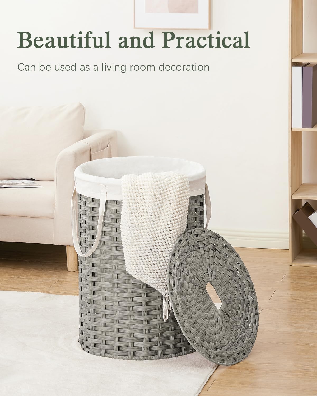 Laundry Basket with Lid Round PE Rattan Laundry Hamper, White