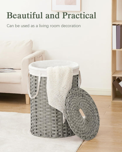 Laundry Basket with Lid Round PE Rattan Laundry Hamper, White