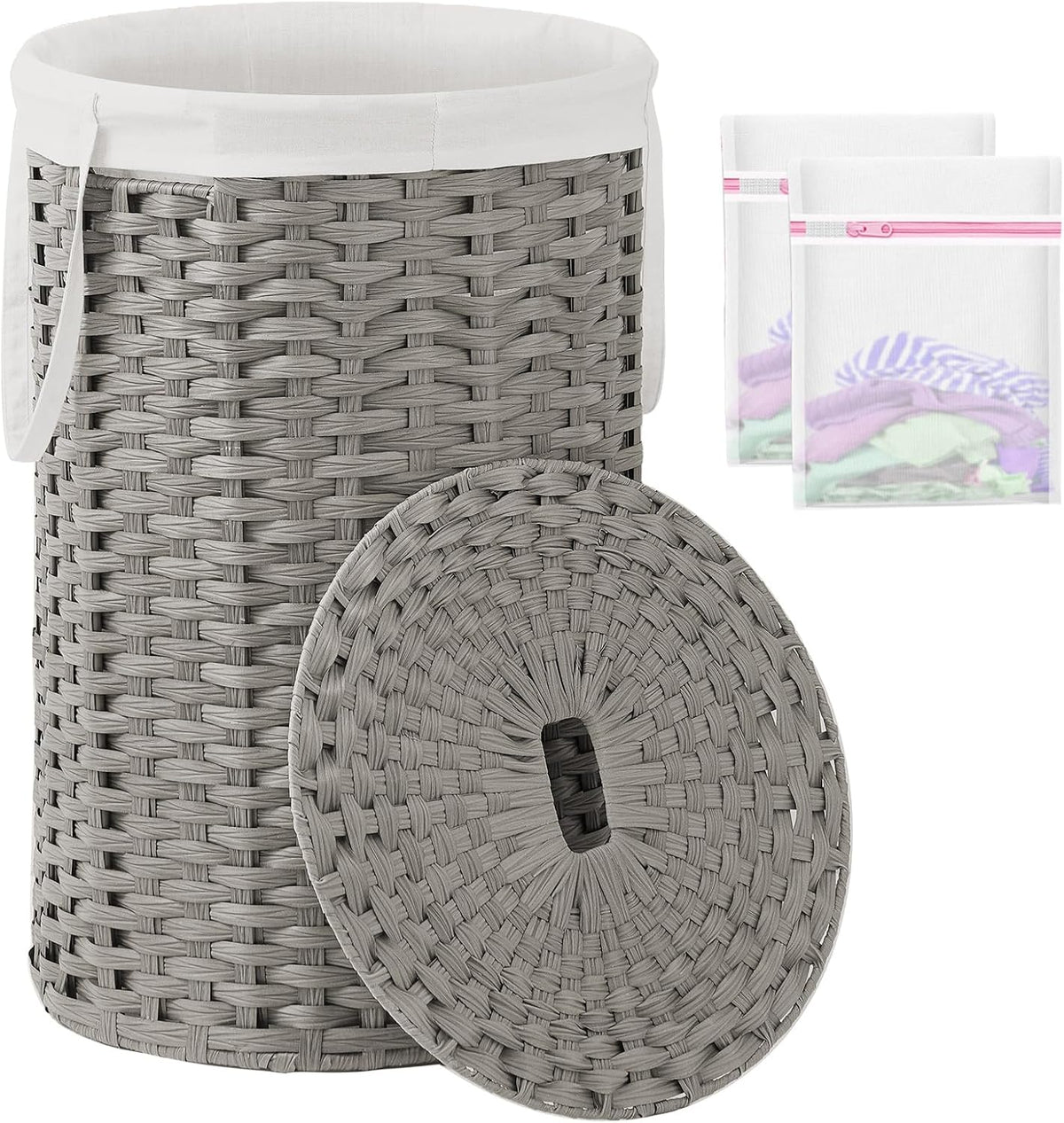 Laundry Basket with Lid Round PE Rattan Laundry Hamper, White