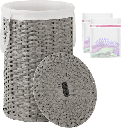 Laundry Basket with Lid Round PE Rattan Laundry Hamper, White