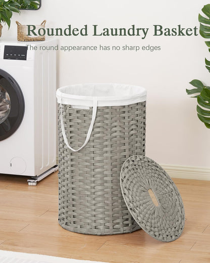 Laundry Basket with Lid Round PE Rattan Laundry Hamper, White