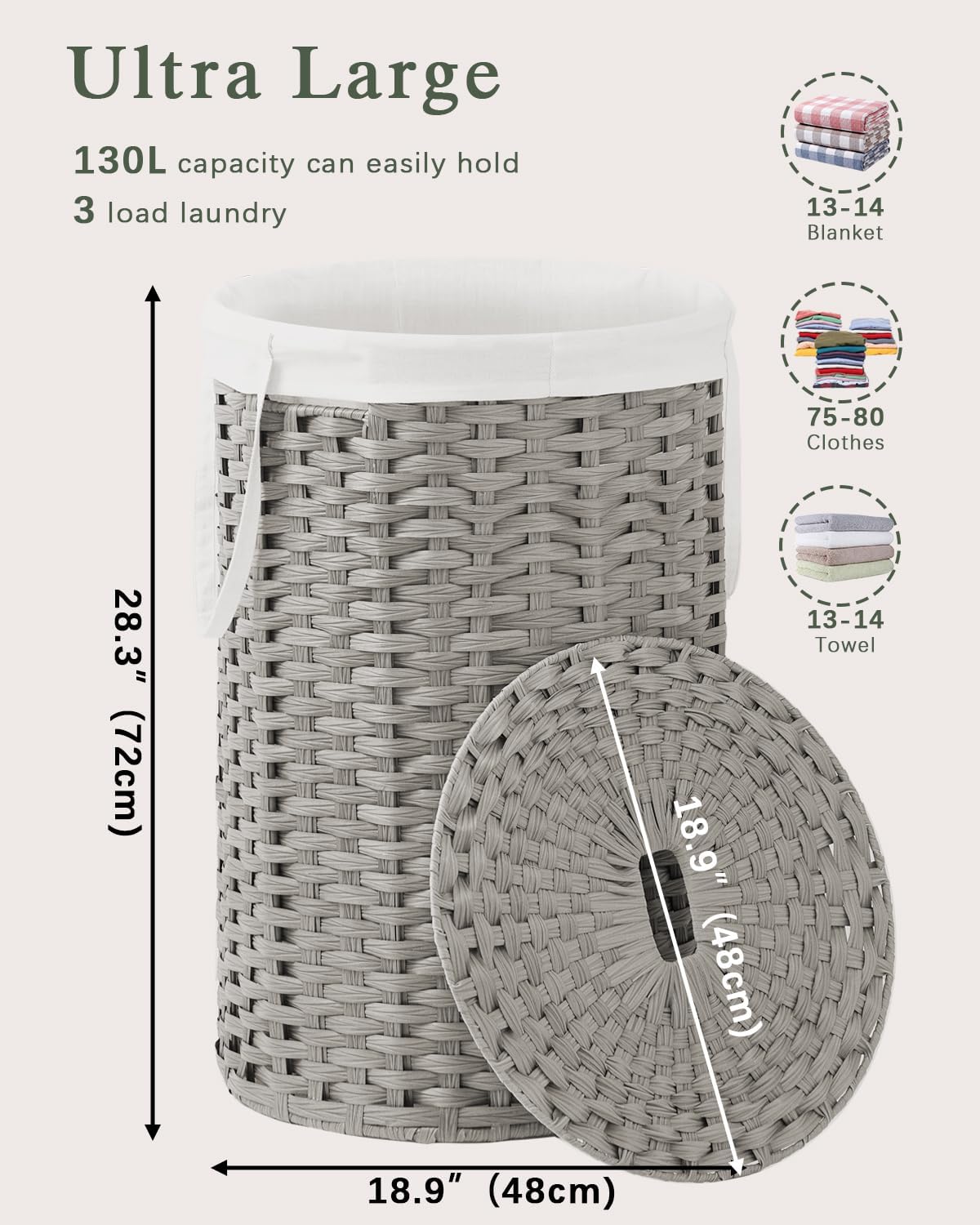 Laundry Basket with Lid Round PE Rattan Laundry Hamper, White