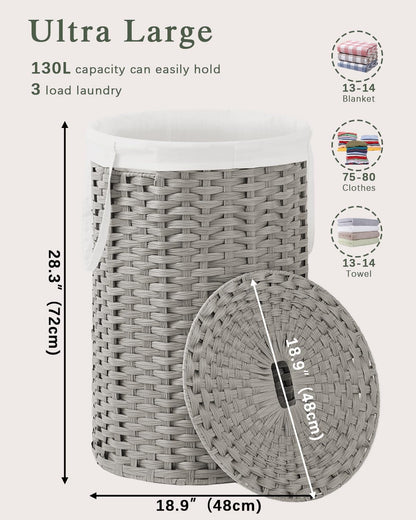 Laundry Basket with Lid Round PE Rattan Laundry Hamper, White