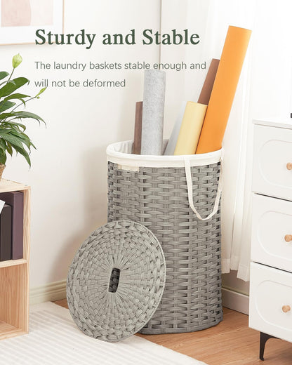 Laundry Basket with Lid Round PE Rattan Laundry Hamper, White