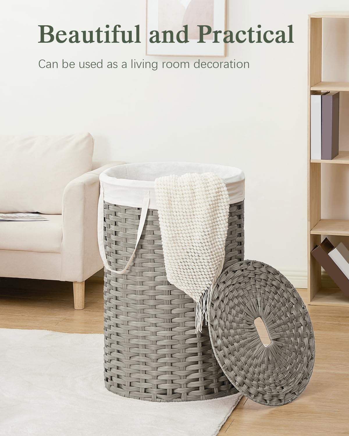 Laundry Basket with Lid Round PE Rattan Laundry Hamper, White