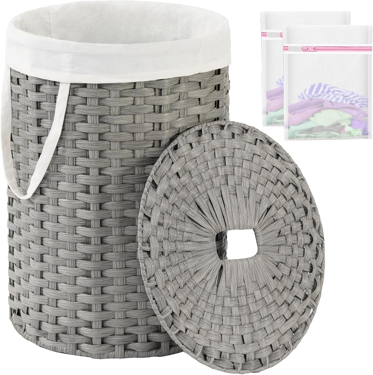 Laundry Basket with Lid Round PE Rattan Laundry Hamper, White