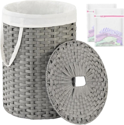 Laundry Basket with Lid Round PE Rattan Laundry Hamper, White