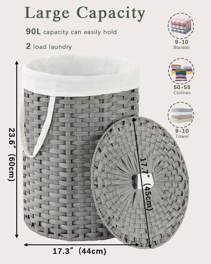 Laundry Basket with Lid Round PE Rattan Laundry Hamper, White