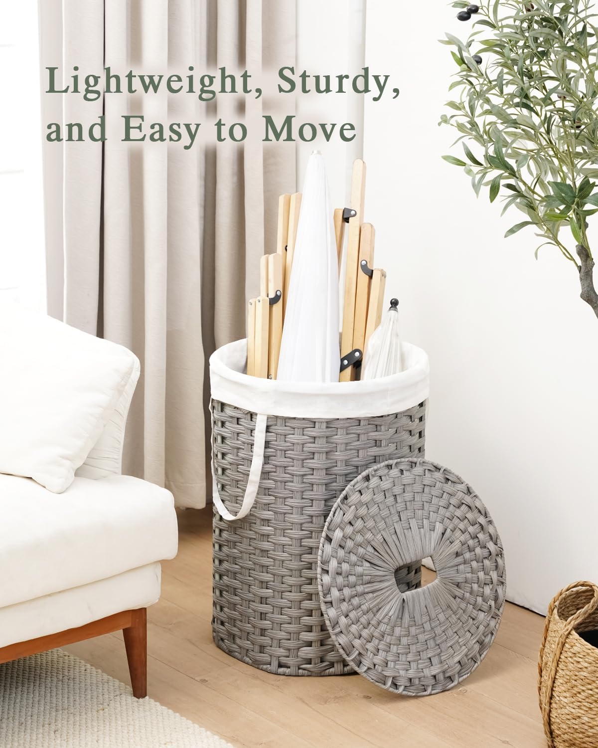 Laundry Basket with Lid Round PE Rattan Laundry Hamper, White