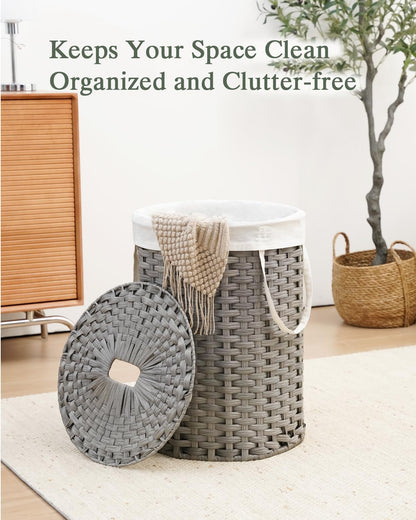 Laundry Basket with Lid Round PE Rattan Laundry Hamper, White