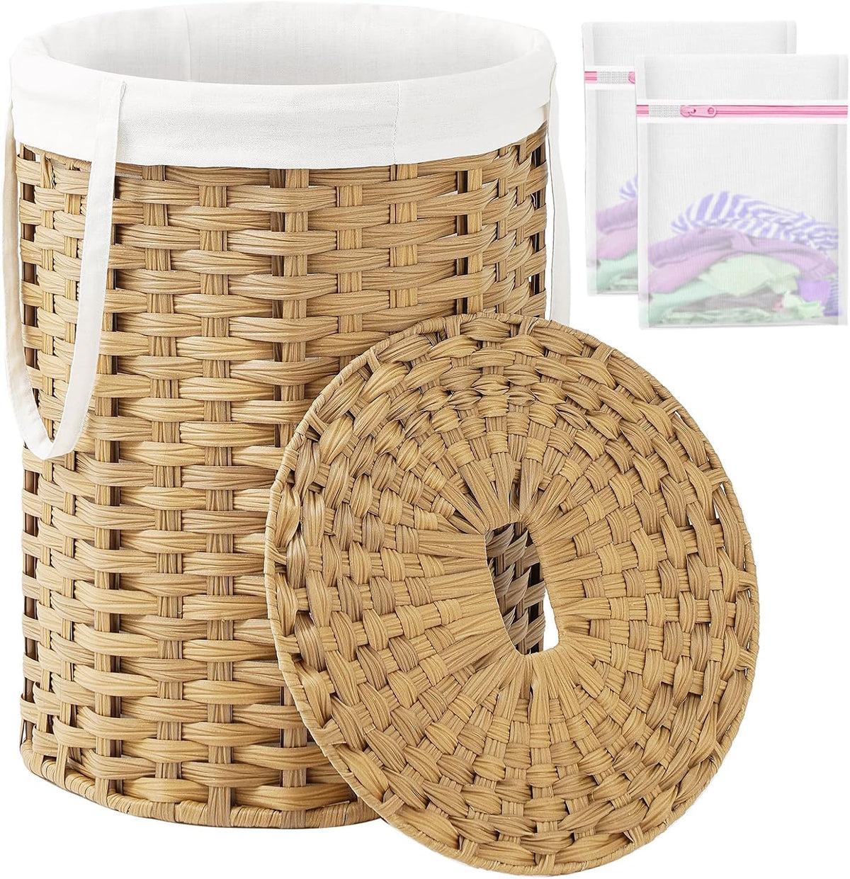 Laundry Basket with Lid Round PE Rattan Laundry Hamper, White