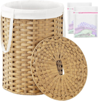 Laundry Basket with Lid Round PE Rattan Laundry Hamper, White
