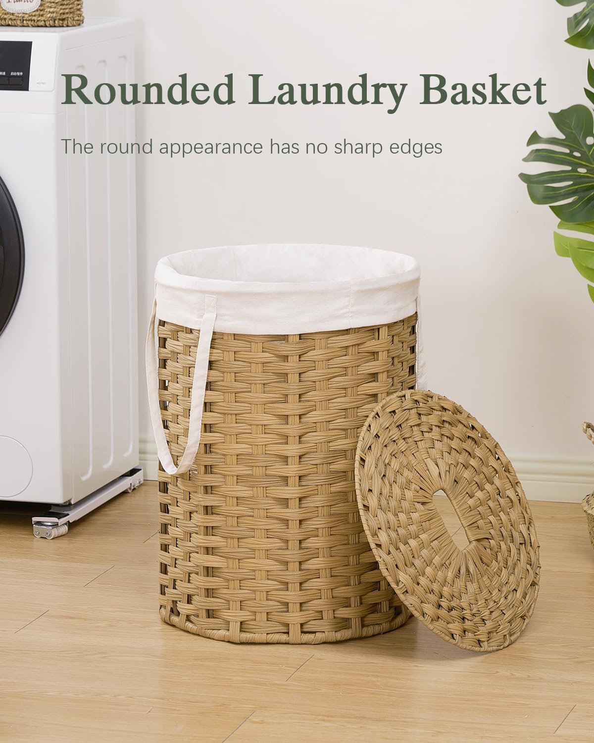 Laundry Basket with Lid Round PE Rattan Laundry Hamper, White
