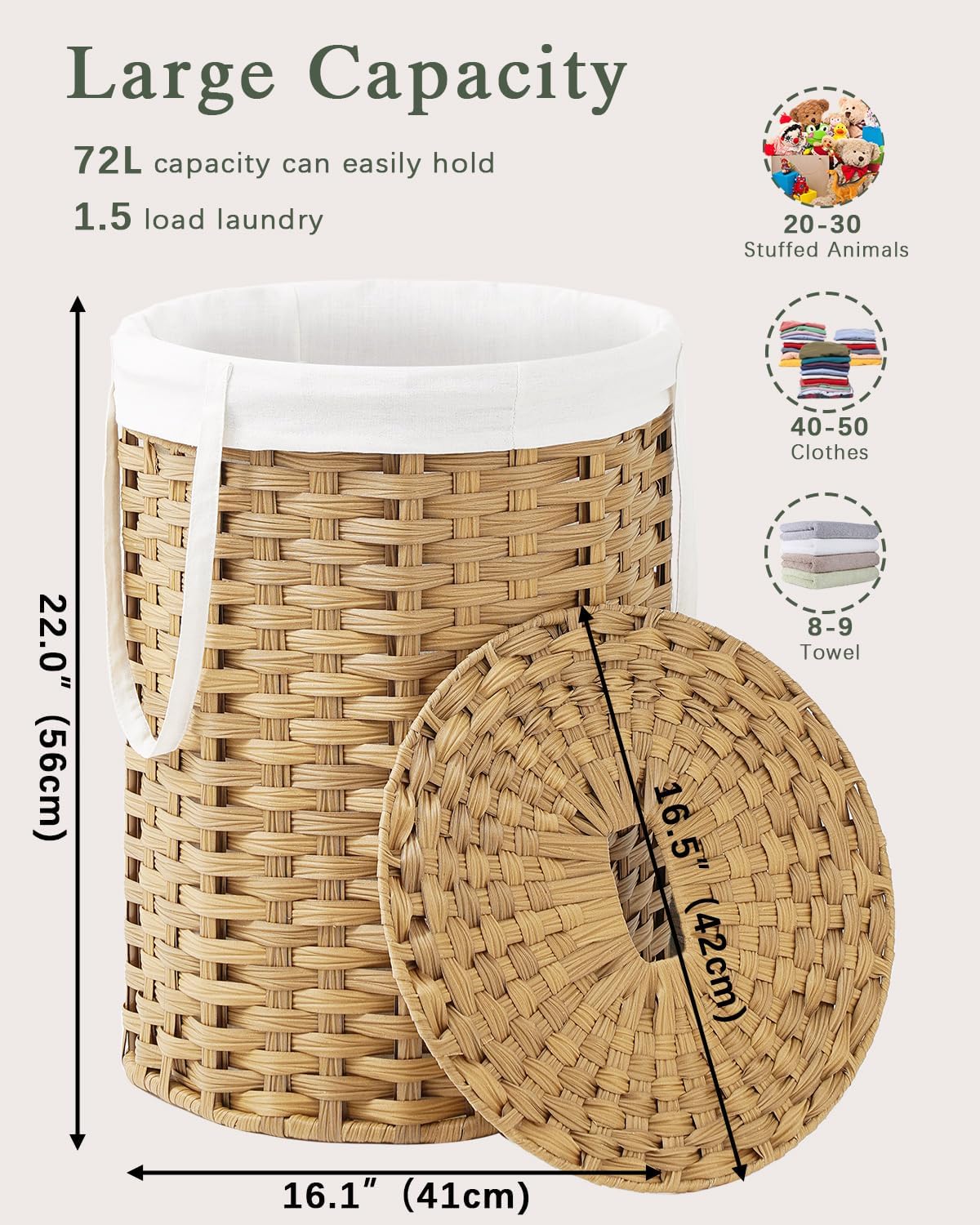 Laundry Basket with Lid Round PE Rattan Laundry Hamper, White
