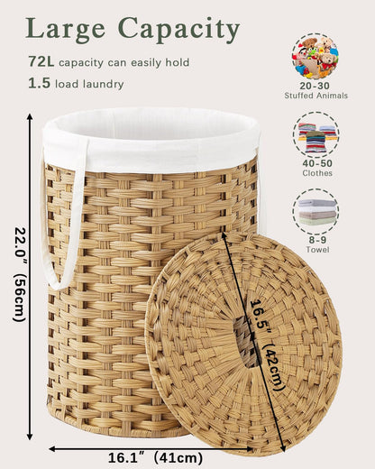 Laundry Basket with Lid Round PE Rattan Laundry Hamper, White