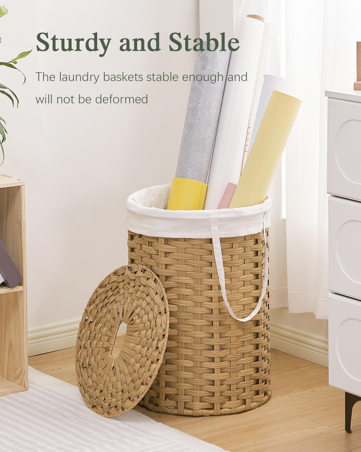 Laundry Basket with Lid Round PE Rattan Laundry Hamper, White