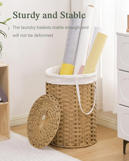 Laundry Basket with Lid Round PE Rattan Laundry Hamper, White